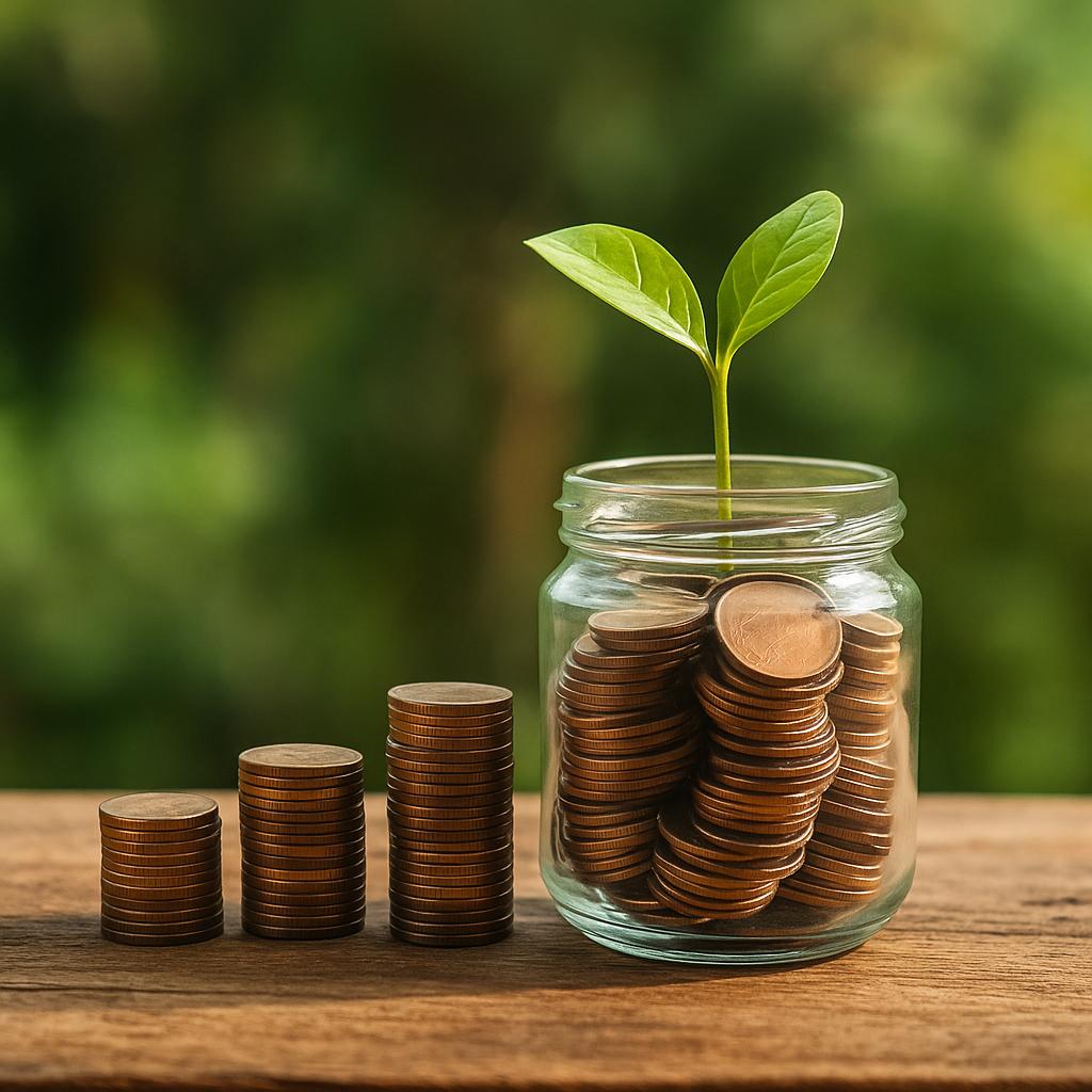 Gambar balang berisi syiling yang tumbuh pokok kecil sebagai simbol compounding effect dalam kewangan dan bisnes.