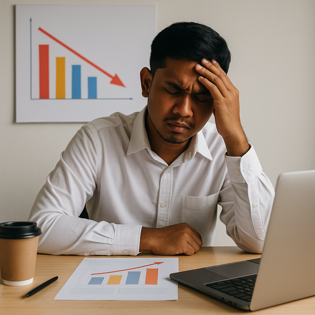 Seorang lelaki Melayu kelihatan penat sambil melihat graf penurunan di skrin, mewakili konsep law of diminishing returns dalam bisnes.