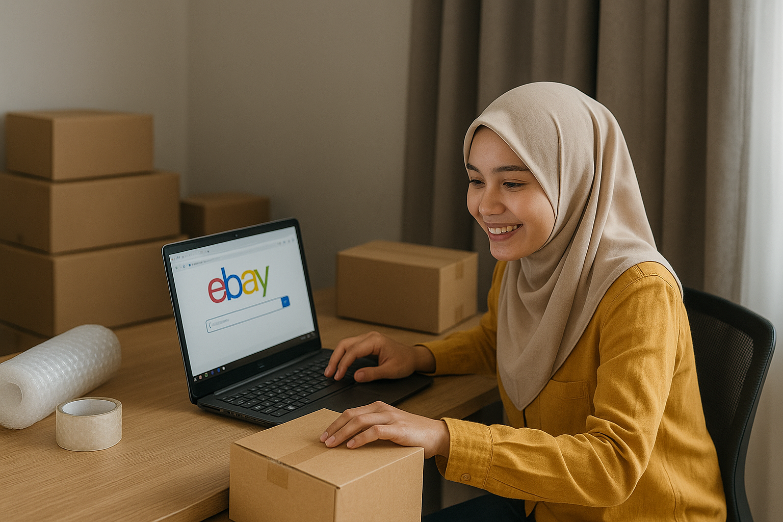 “Usahawan Malaysia sedang berniaga di eBay menggunakan laptop dengan paparan dashboard jualan”