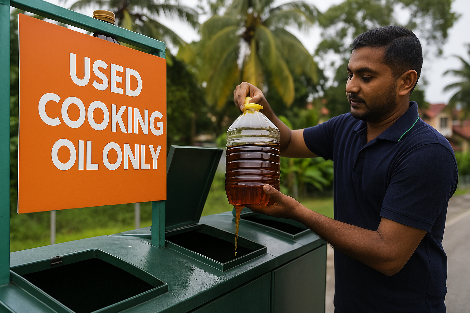 Seorang Lelaki menuang minyak masak terpakai ke dalam tong kitar semula di kawasan perumahan.